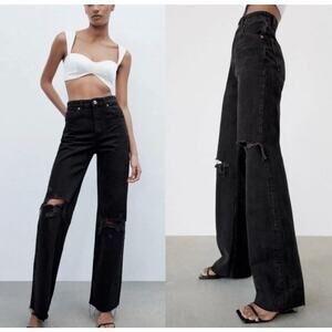 Zara Distressed Black Wide Leg Jeans